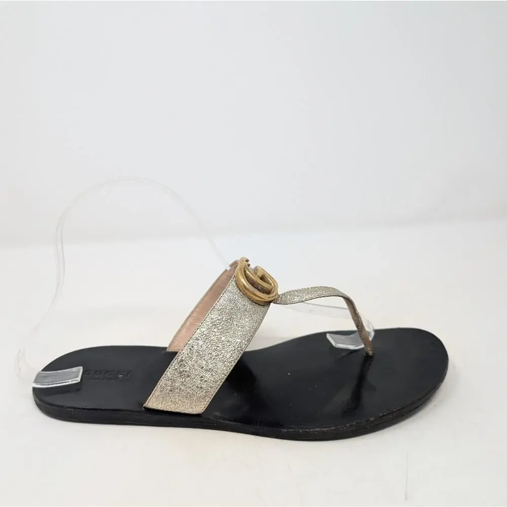 Gucci Marmont gold Thong Sandals Size 39.5 GG Logo Monogram Flip Flops